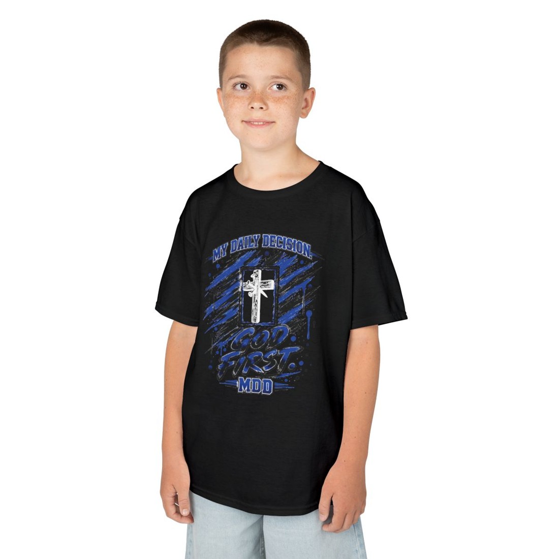 Kids Christian Cross Tee – Blue Faith Shield Graphic
