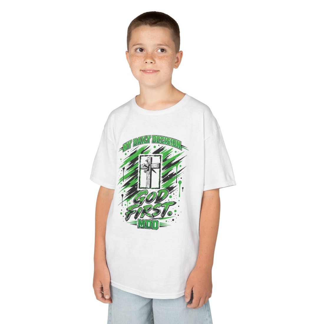 Kids Tee — God First Cross Design (Green Grunge)