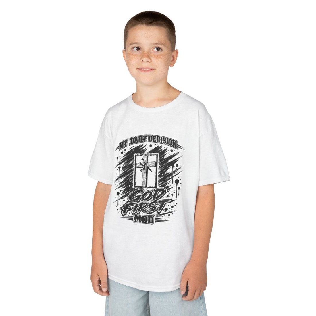 Kids Tee — 'God First' Cross Design Religious Christian T-Shirt