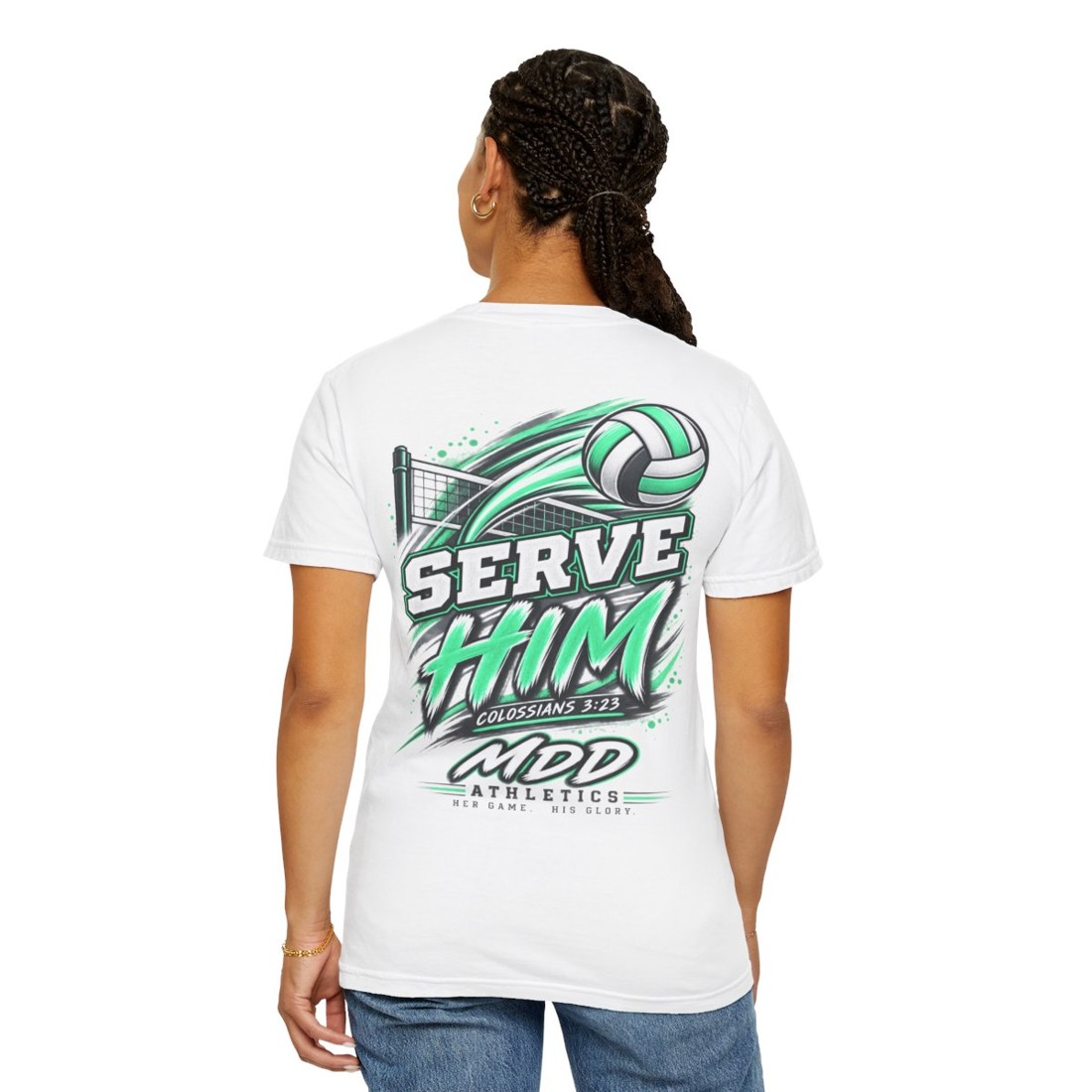 Serve Him Volleyball T-Shirt — Christian Sports Tee (Colossians 3:23)