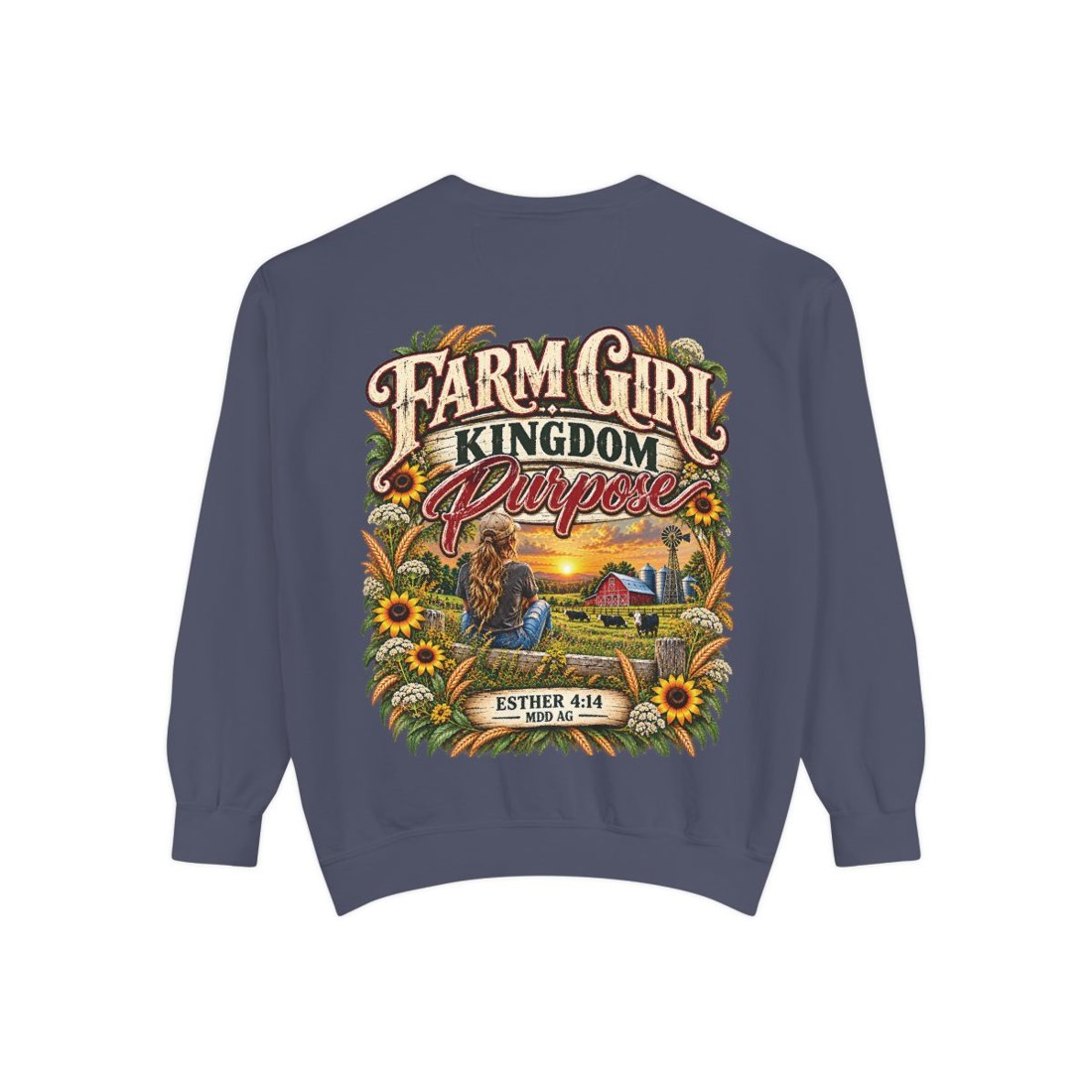 Farm Girl Sweatshirt — "Kingdom Purpose" Graphic Estate Crewneck (Esther 4:14)
