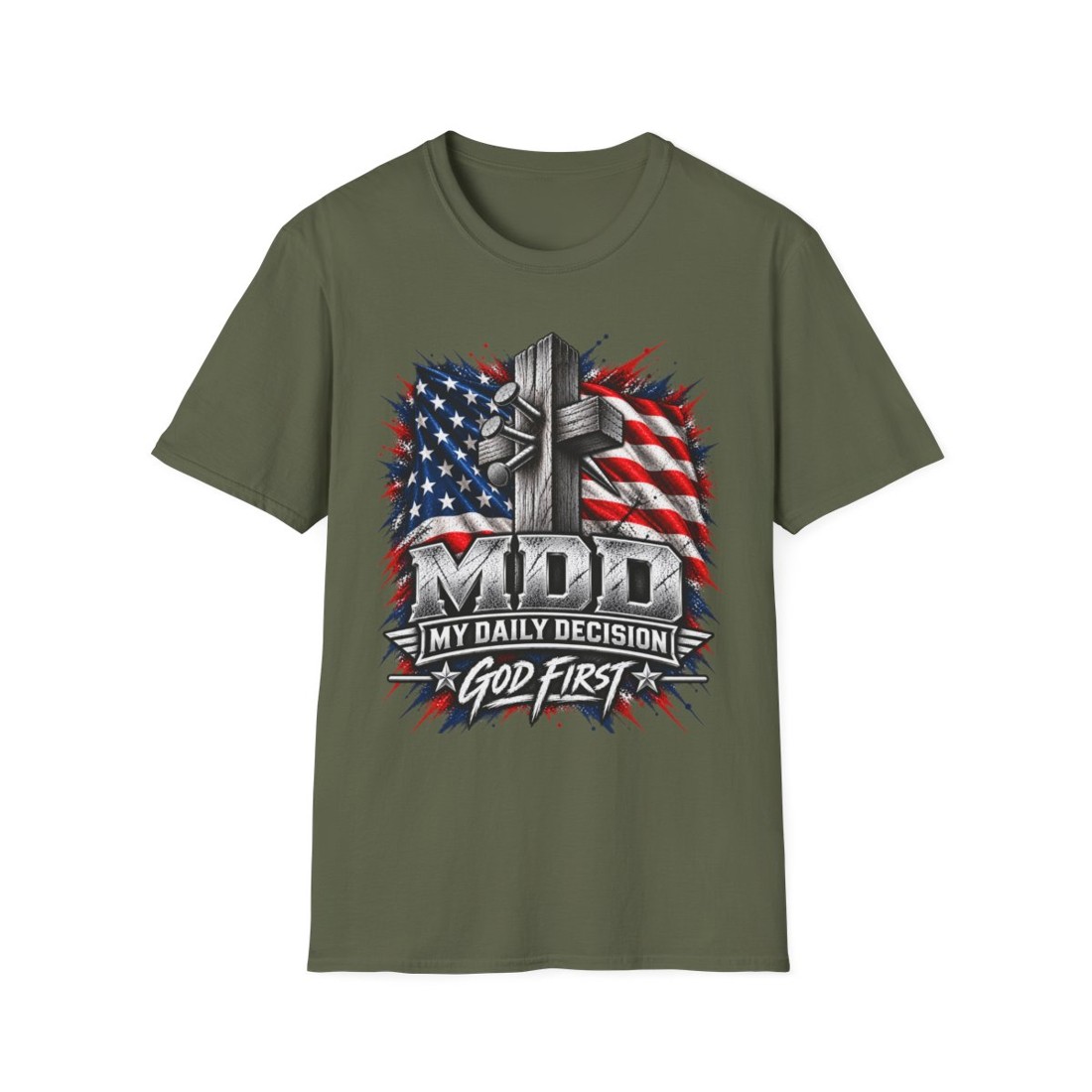 MDD “My Daily Decision – God First” American Flag Cross T-Shirt