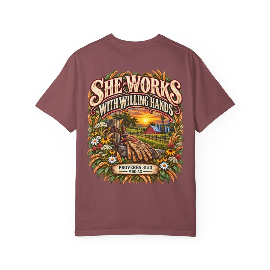 She Works T-Shirt — "She Works With Willing Hands" Christian Graphic Tee