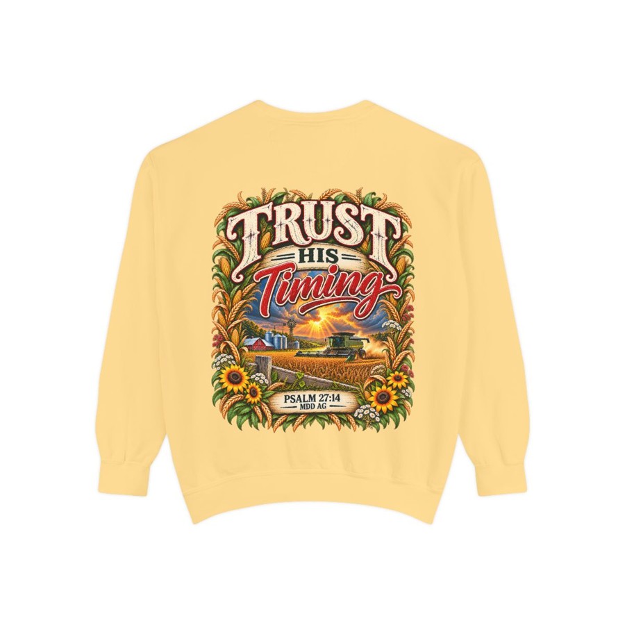Sweatshirt — "Trust His Timing" Psalm 27:14 Scenic Christian Crewneck