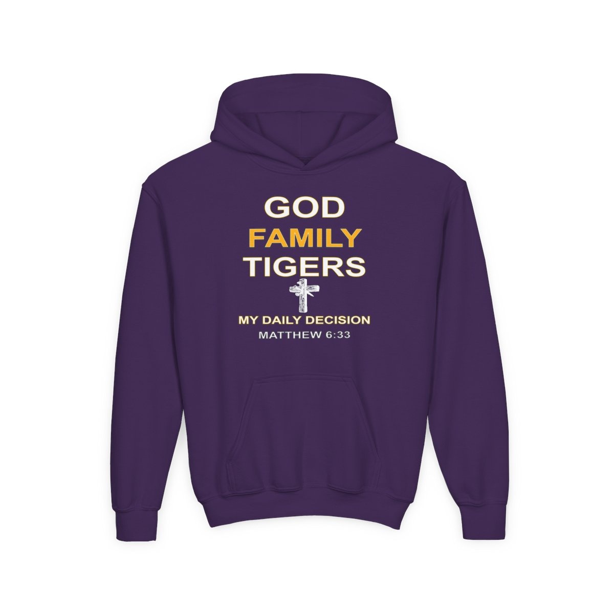 Youth Hoodie - "God Family Tigers" Christian Faith & School Spirit Sweatshirt (Matthew 6:33)